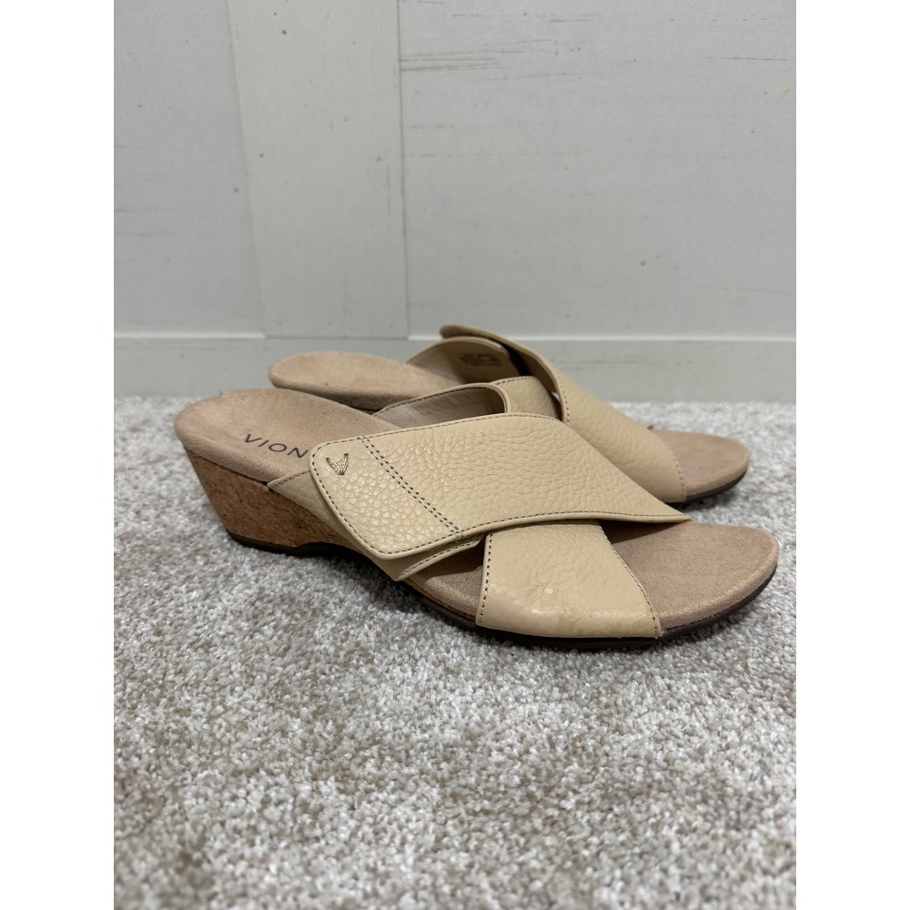 Vionic Leticia Cream Leather Cork Wedge Sandals Womens 8 Arch Support Slides
